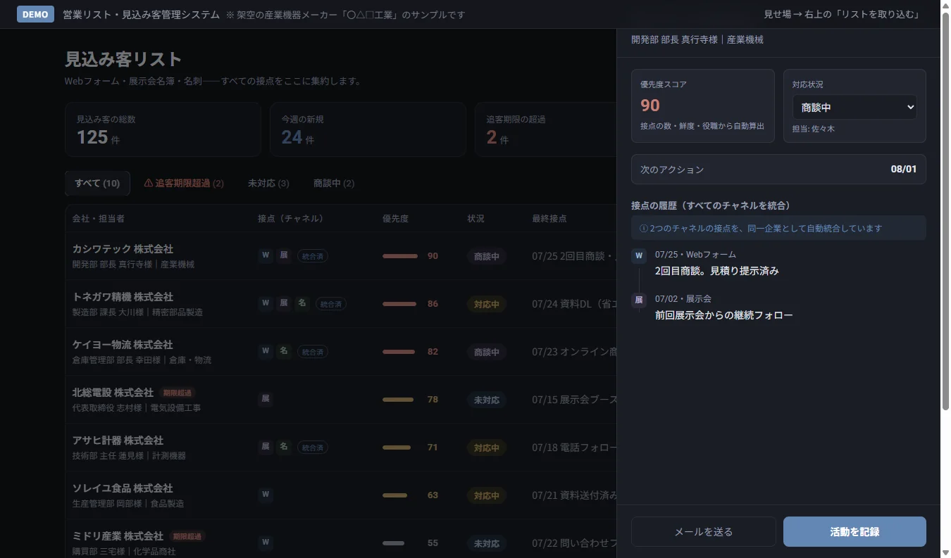 営業リスト・見込み客管理システムのデモ画面:営業活動を記録