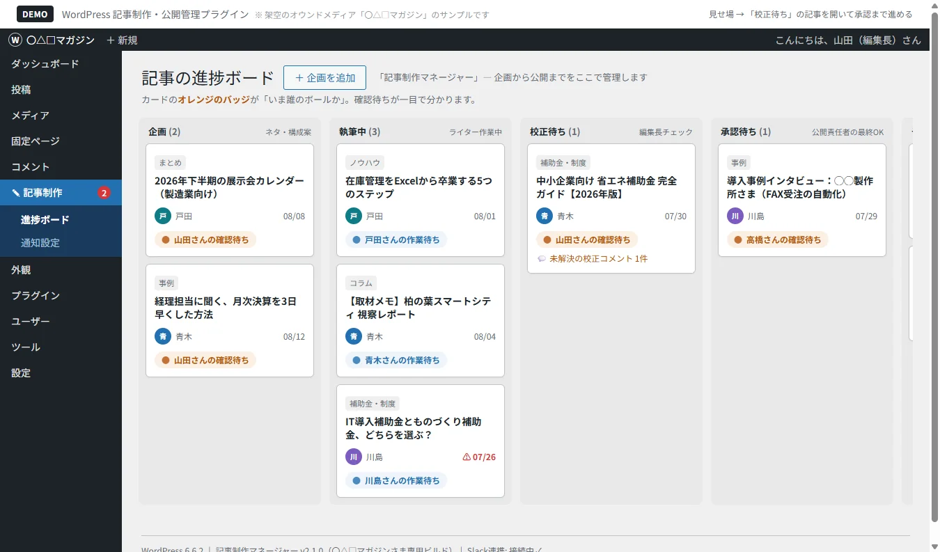WordPress 記事制作・公開管理プラグインのデモ画面：記事ごとの制作状況を進捗ボードで表示
