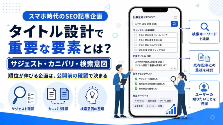 SEO記事のタイトル企画で、サジェスト・カニバリ・検索意図を確認しています