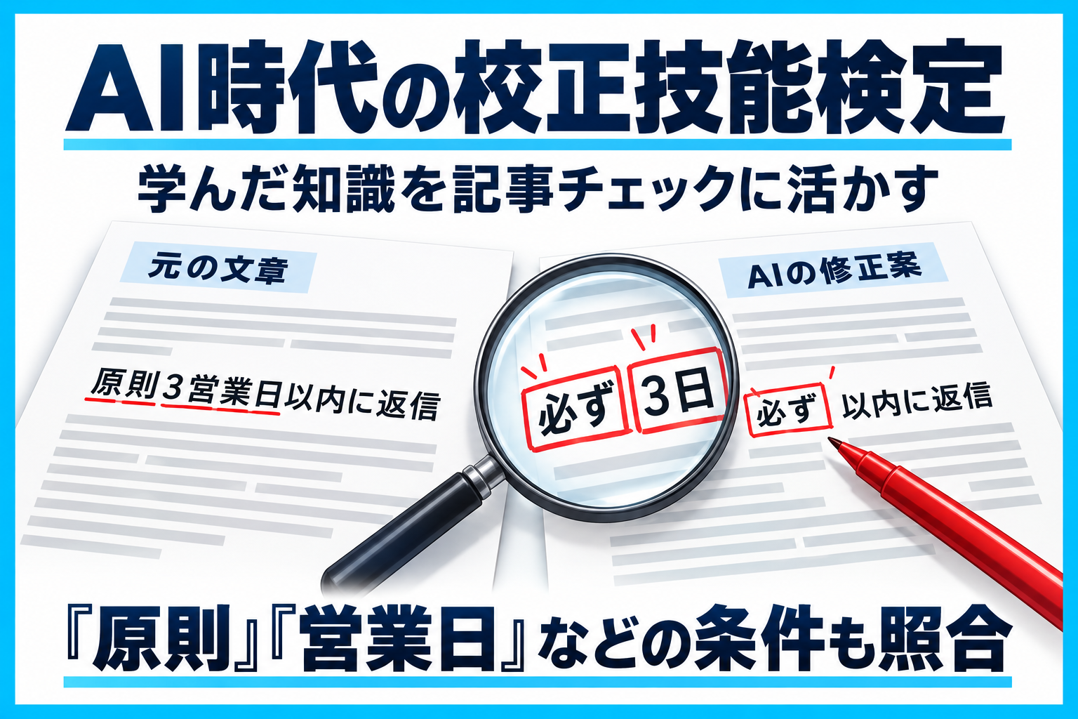 AI時代の校正技能検定。元の文章とAI修正案を照合し、原則・営業日などの条件も確認