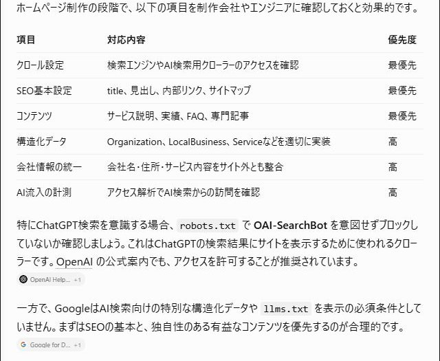 ChatGPTのAI検索対策に関する回答と出典リンク
