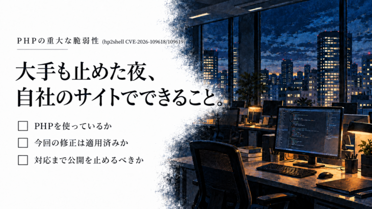 PHPの重大な脆弱性で総理も呼びかけ、大手サイトが一時停止。今、自社サイトでやるべきこととは？（php2shell CVE-2026-109618・109619）